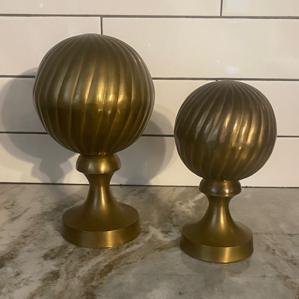 Vintage 90’s Post Modern Brass Decorative Orbs, a Pair. Large & small. Bookcase
